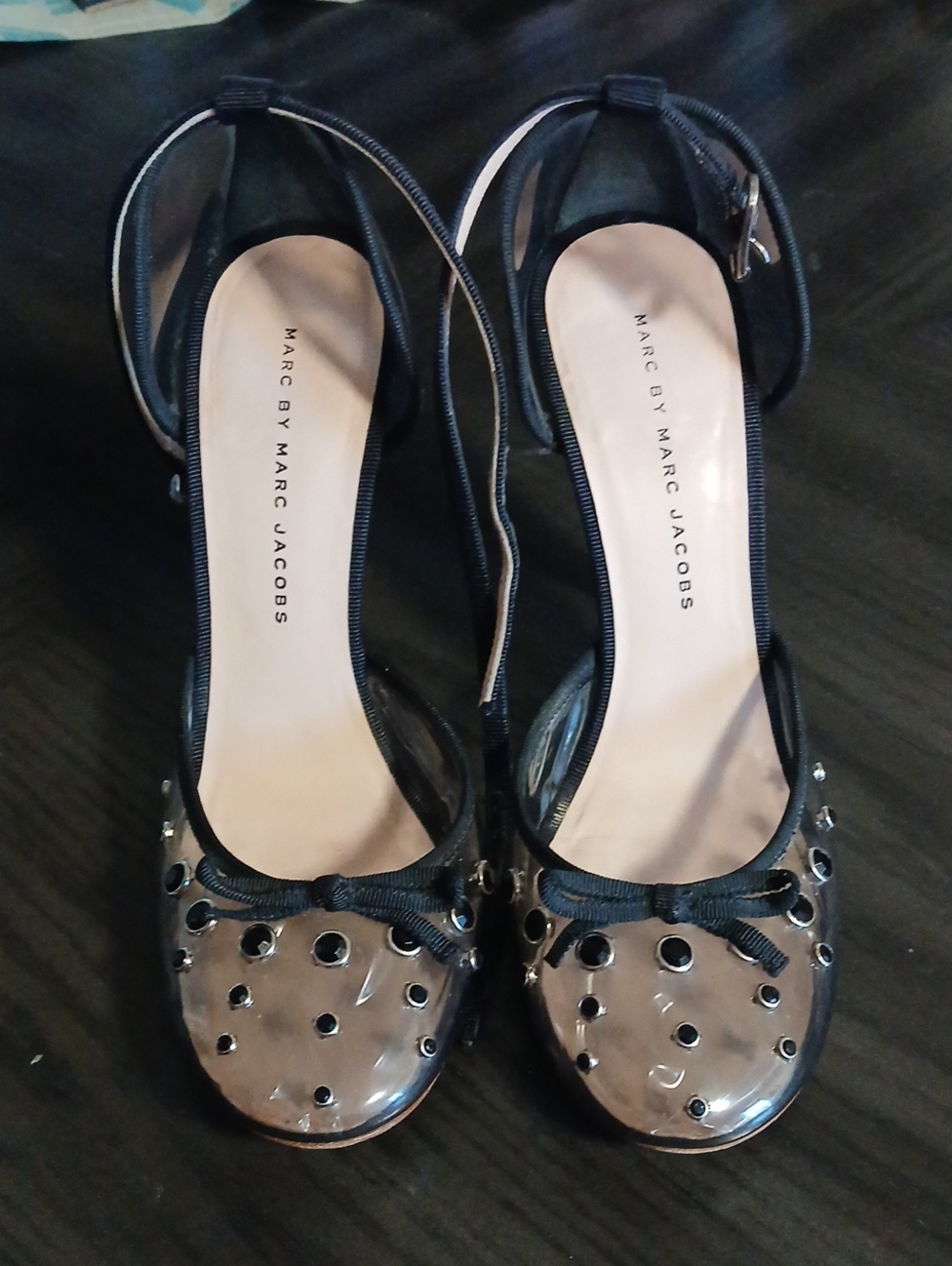 Marc by Marc Jacobs Black Patent Peep-Toe Ankle-Strap Heels with Stud Detail